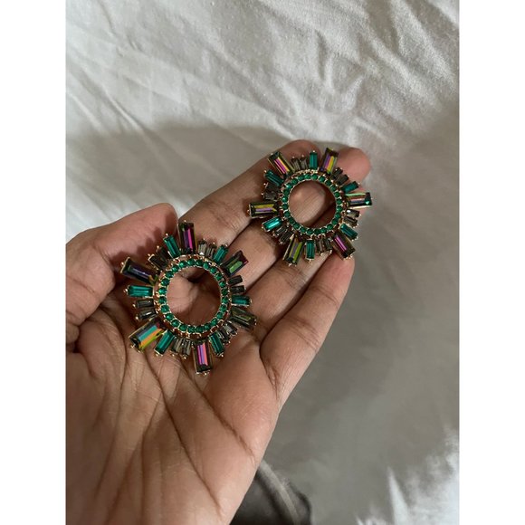 Large green earring stud Sunburst Rhinestone Round ab iridescent Vitrail big - Picture 7 of 7